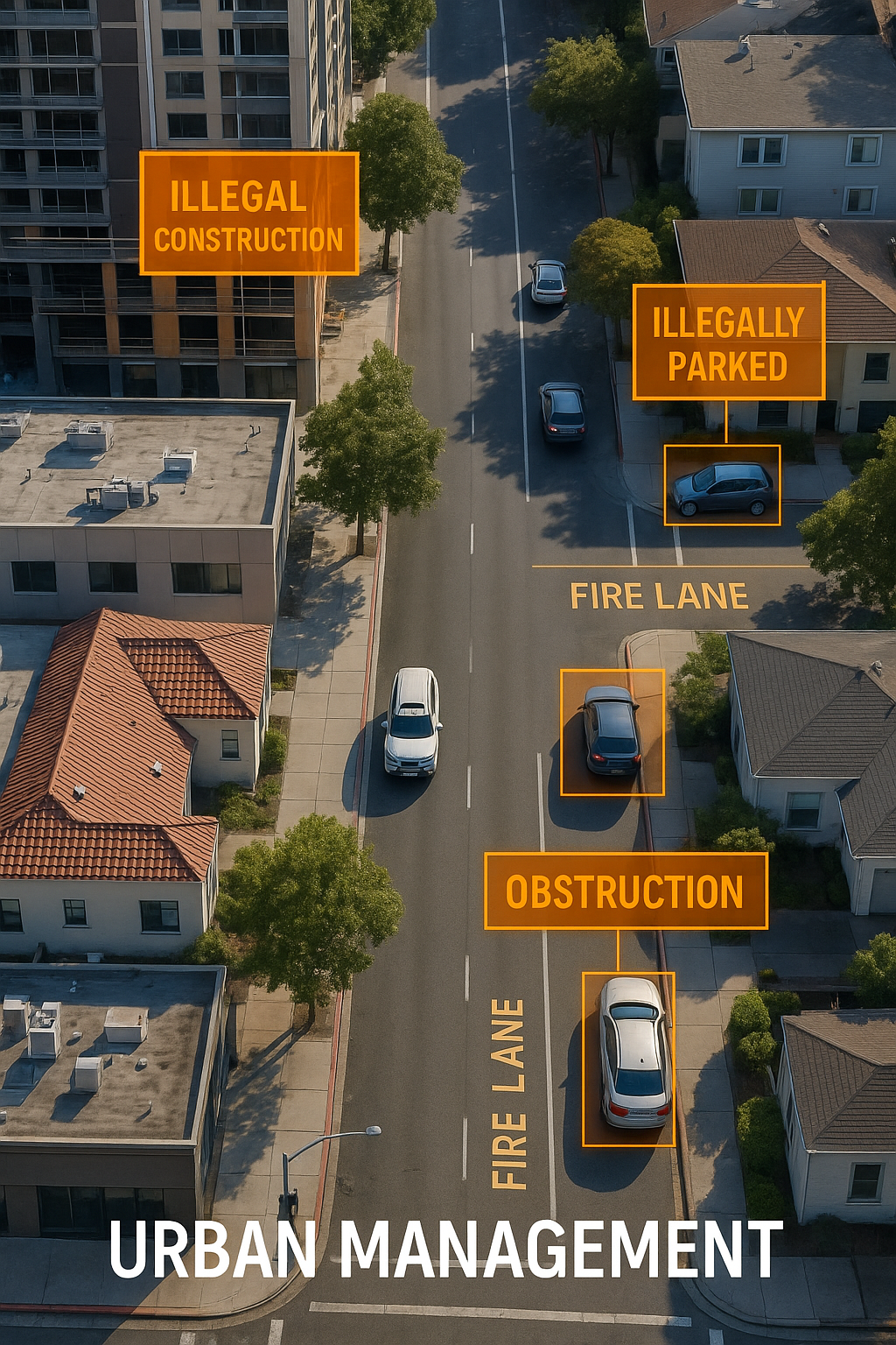 Aerial view showing urban management monitoring including illegal parking, construction, and fire lane obstructions